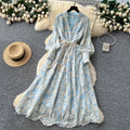 French chic elegant women's dress -  autumn fashion tie-waist v-neck long dress with intricate embroidery