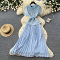French chic red lapel lace patchwork dress - women's summer high-end commute elegance pleated skirt