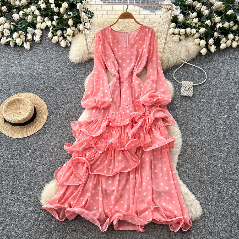 French polka dot v-neck bodycon asymmetrical dress - women's summer cinched waist ruffle trim slimming cake dress - socialite style