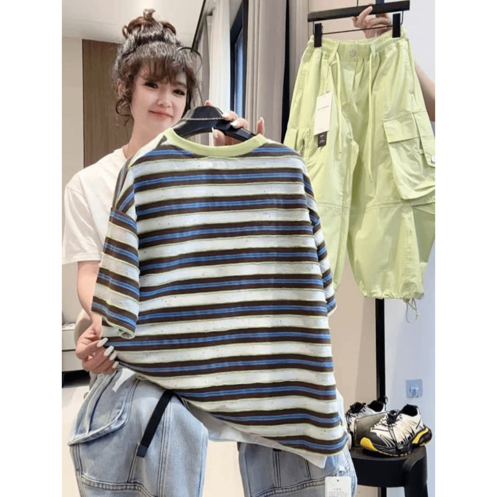Kids'  summer new striped short-sleeve trendy t-shirt for boys and girls - summer sweat-absorbent and breathable top