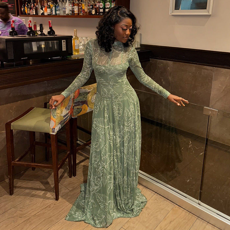 European and american style ins cross-border women's clothing retro waist printing light a-line skirt slightly see-through stand-up collar long sleeves comfortable dress
