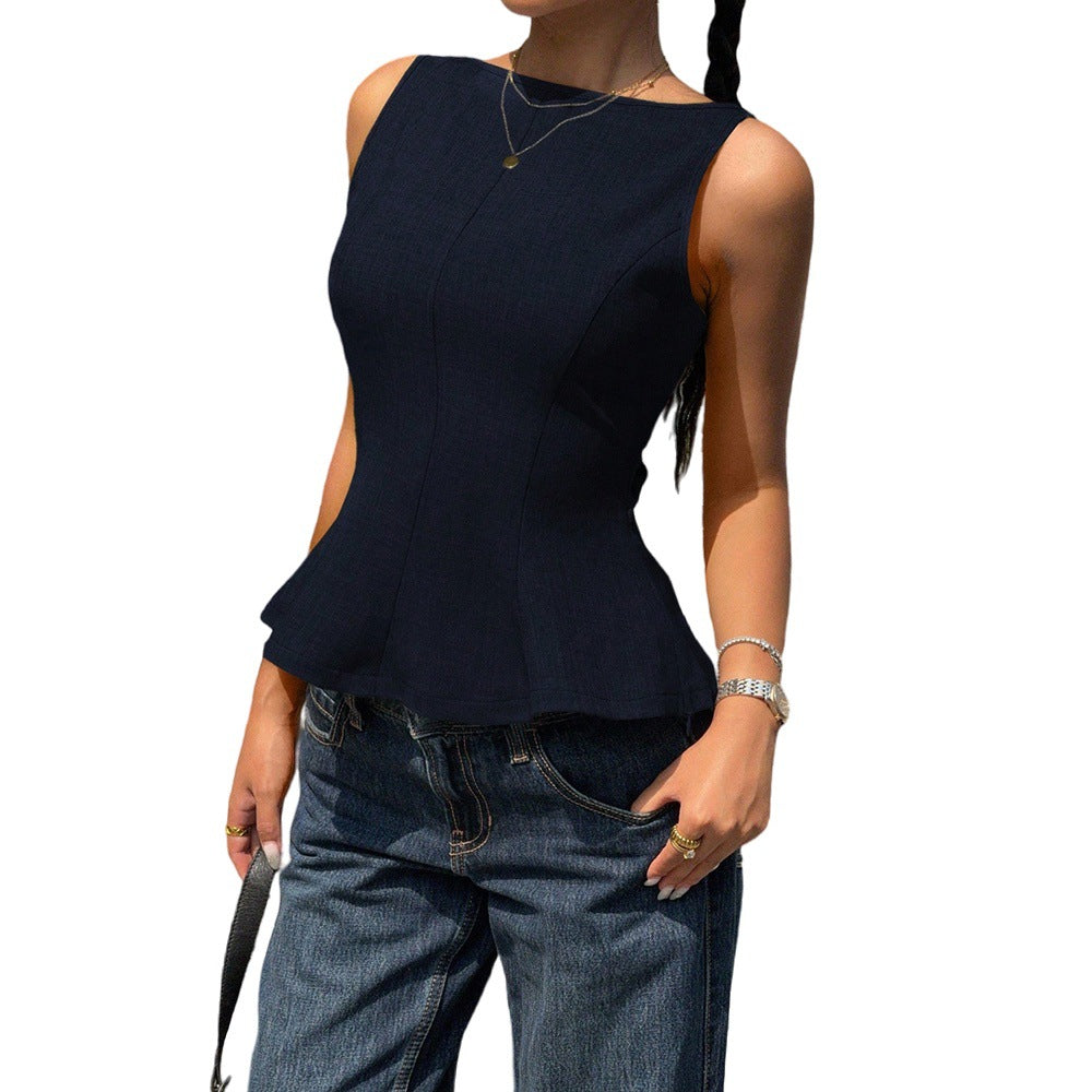 Sleeveless, cinched-waist top for women, featuring a ruffled hem, open back with a bow tie closure. a versatile, ready-to-ship piece perfect for everyday wear. ships within 24 hours