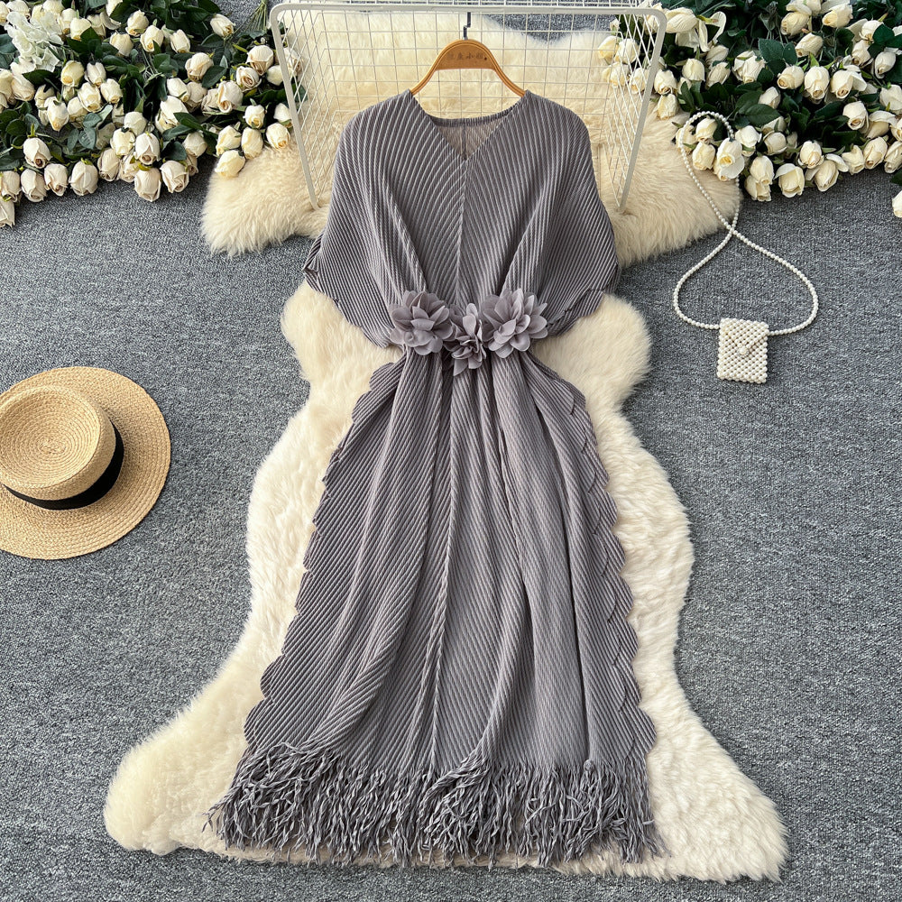 Fashion cross-border miyake pleated dress female v neck waist stereo flower decoration tassel long skirt elegantwork clothing
