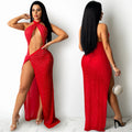 X5326 cross-border fashion new product nightclub sexy hot diamond inlaid diamond mesh see-through women's chest-wrapped slit dress