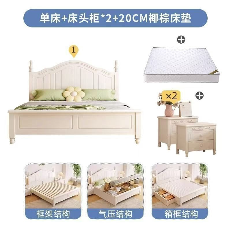 Nordic white cream solid wood bed - modern minimalist 1.8m double bed for master bedroom, 1.2m single bed with storage, wedding bed