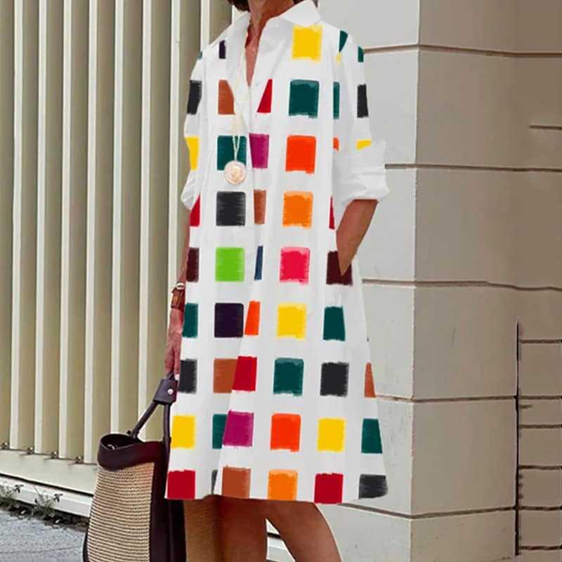 Cross-border independent station wish  splicing contrasting color European and American women's clothing casual temperament cardigan dress