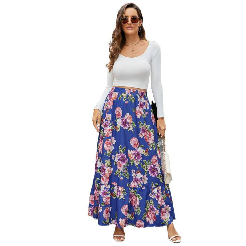 Fashion cross-border retro large flower digital printed high waist skirt pleated ruffles patchwork large swing skirt