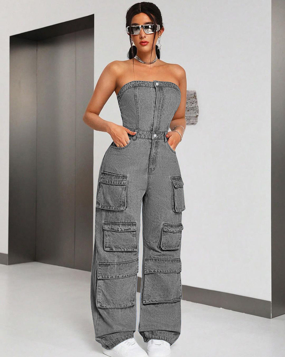 European and american style denim jumpsuit -  cross-border women's fashion hot girl bandeau multi-pocket cargo pants