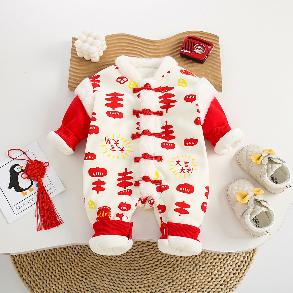 Infant winter fleece-linedeasiest for match hundred days celebration new year's greeting clothes for men and women baby catch zhou formal wearthickened one-piece