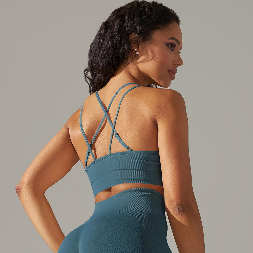 Fashion cross-border seamless knittingpure color beautiful back breathable cross sports intimates running fitness yoga bra tops