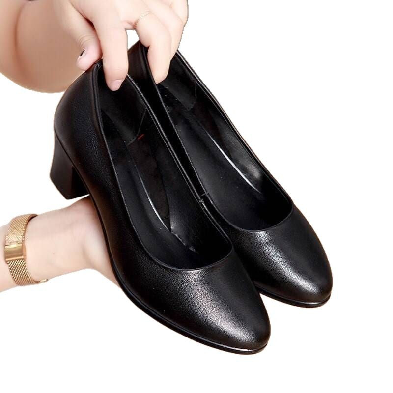 Spring autum work shoes black professional women's flats women's low-heeled leather shoes women's mid-heeled workwear formal wear short-heeled stewardess women