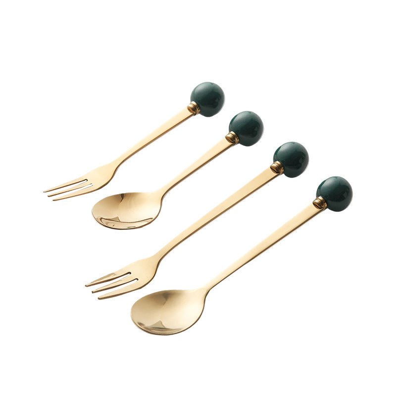 Simple macaron glazed ceramic handle fruit fork creative stainless steel fork spoon high-value home dessert spoon