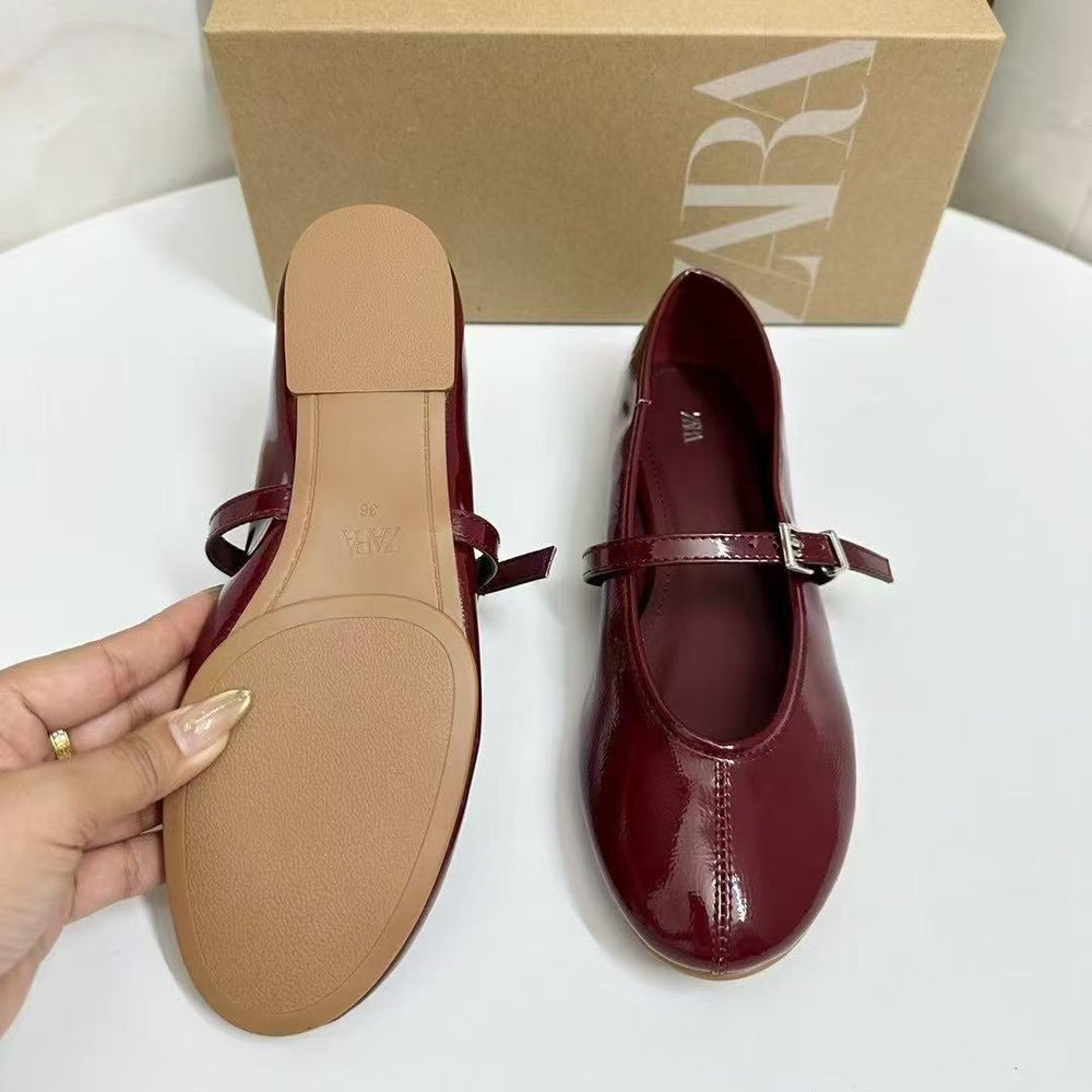 Za2025new arrival women's shoes with toe cap and one buckle strap shallow mouth mary jane flats women's flatseasiest for match little red shoes evening breeze