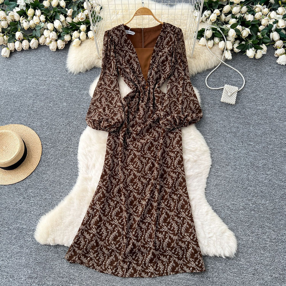 European and american style printed bubble sleeve dress - women's autumn slimming, figure-flattering, mature, chic, and exquisite long dress