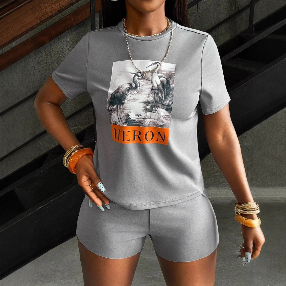Amazon fashion cross-border women's crane suit summerprinting short sleeve t-shirt + drawstring silmshorts