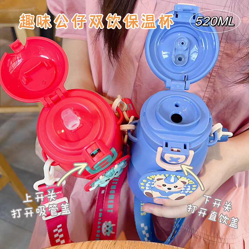 Cartoon cute double-drink kids' thermos cup - 316 stainless steel, food-grade, high-style, portable straw cup