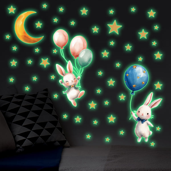 Cross-border new bunny balloon green luminous decorative sticker beautiful at home luminous self-adhesive removable wall sticker