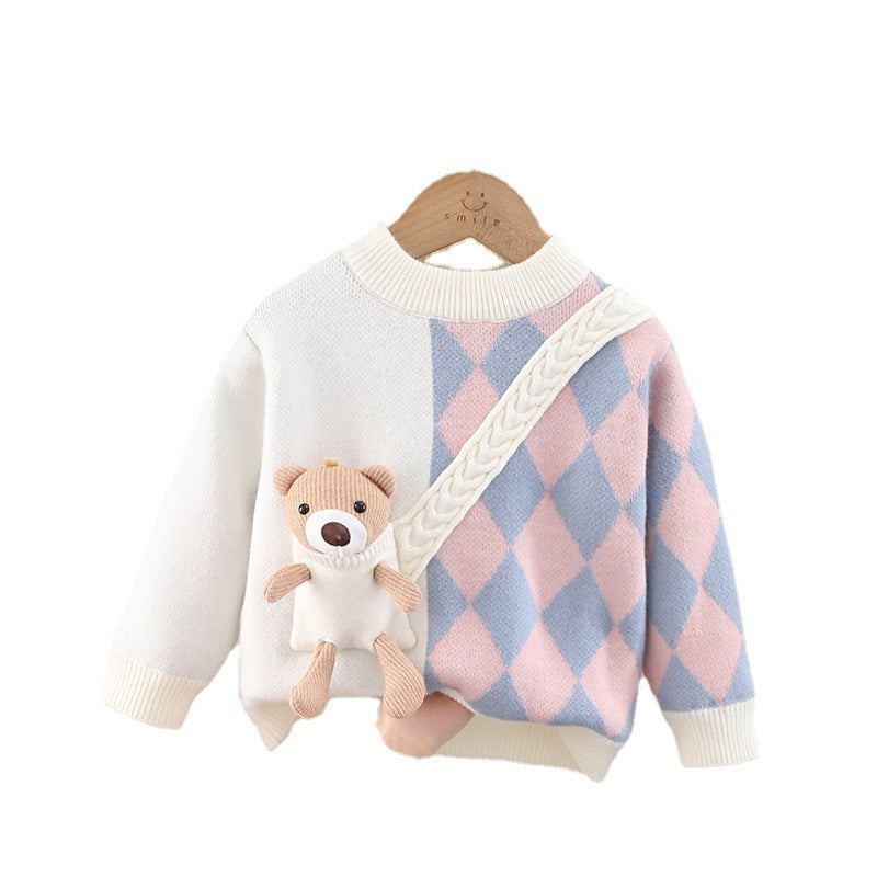 Winternew arrivalfleece-linedkidssweaterboys and girls cartoon flap pocket pants bear bottom k-styleknitting shirt