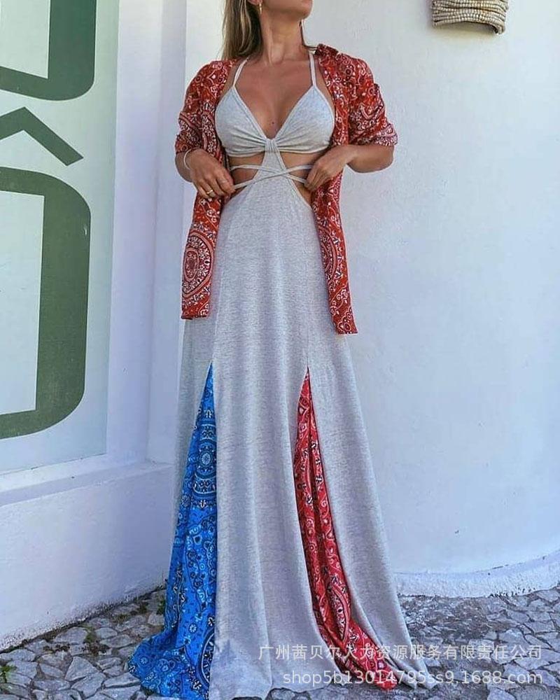 Spot  2022 European and American new contrasting color printing splicing sexy strap long suspender skirt