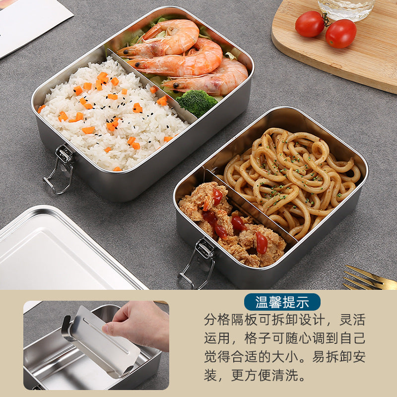 Outdoor 304 stainless steel square lunch box with snap-lock lid, food-grade bento box for students and office workers, airtight meal container