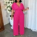 D3302  independent station foreign trade  new women's european and american cross-border sexy v neck pure color pleated jumpsuit