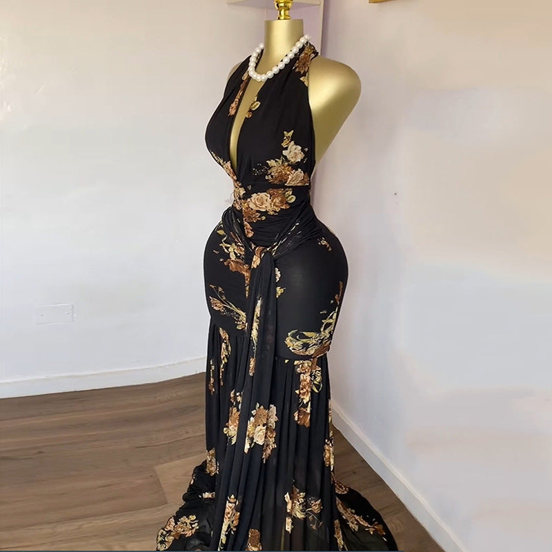 European and american cross-border women's fashion:  summer new arrival - elegant printed v-neck pleated sleeveless maxi dress