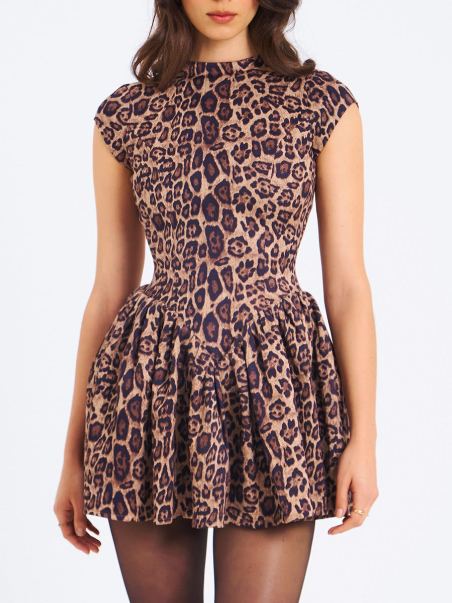 fall/winter new european and american style cross-border women's sexy backless round neck slimming leopard print pleated dress