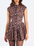 fall/winter new european and american style cross-border women's sexy backless round neck slimming leopard print pleated dress