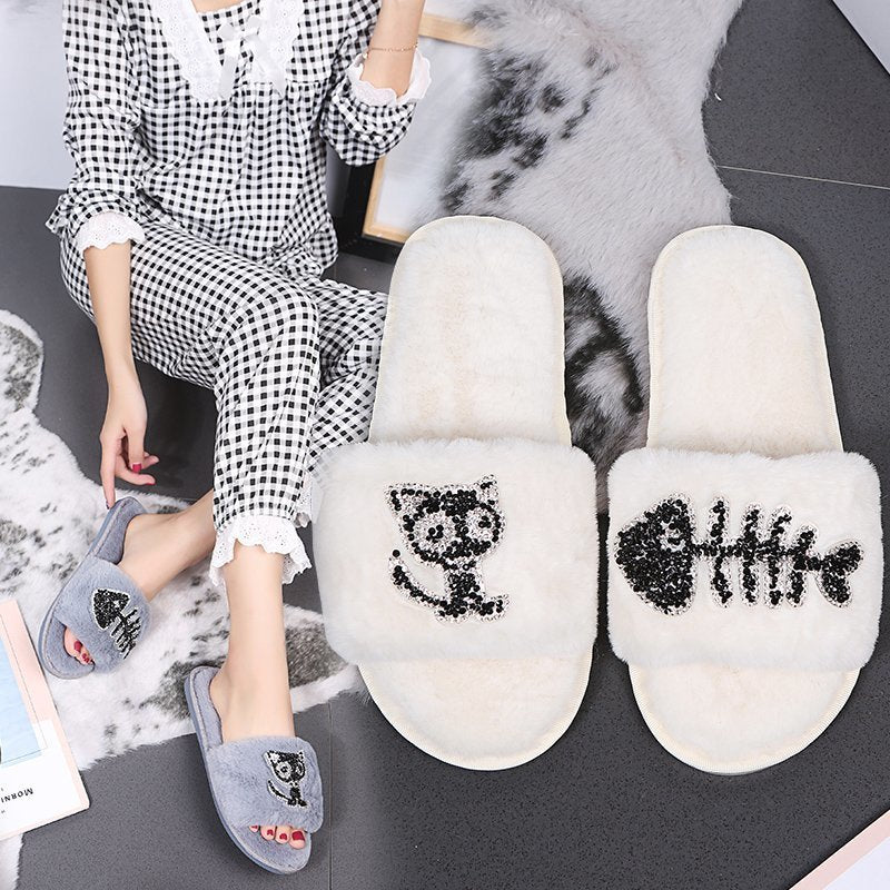 Cartoon cotton slippers women's winter home indoor 2024 new warm cute plush floor slippers household cotton slippers women