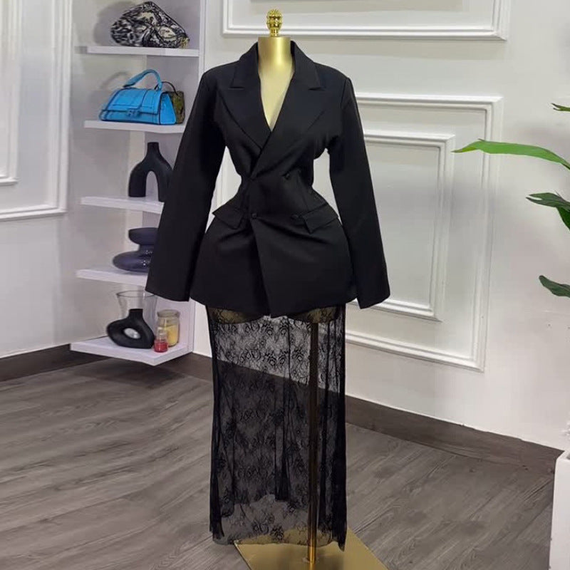Fashion cross-border women's clothing  spring new arrivalelegant waist buttoned suit outwearlace skirt suit