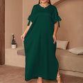 plus size women's solid color round neck bow slit maxi dress - loose fit robe, elegant and comfortable
