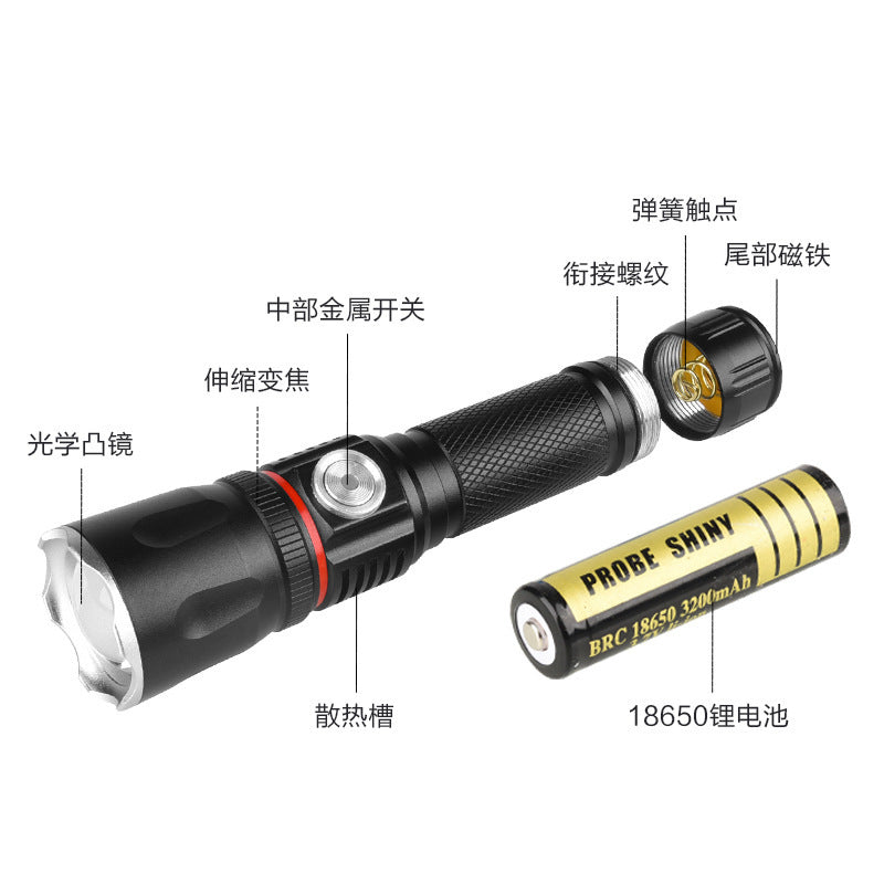 Cross-mirror LED mini zoom T6 strong light flashlight, outdoor lighting long-range zoom direct charging strong magnetic flashlight wholesale
