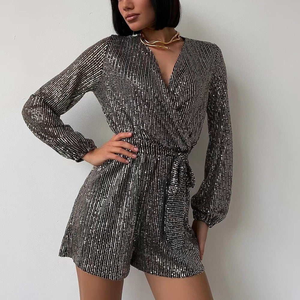 new european and american cross-border  direct sales holiday party fashion sequin long sleeve dress jumpsuit