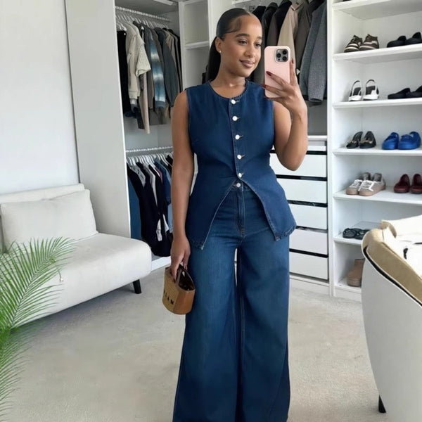 European and American   women's clothing   washed new temperament sleeveless casual denim trousers set