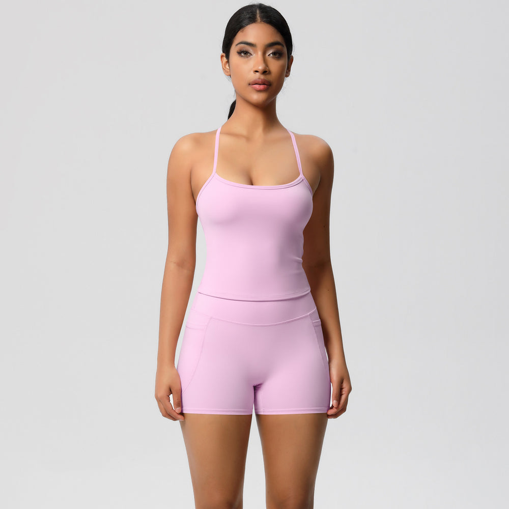 Cloud-feel, brushed, quick-dry yoga set: tank top with racerback, butt-lifting shorts, and pockets - perfect for running and fitness