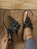 plus sizeexport rivet flower flip-flops in stocksummernew arrivalsense of design wedge heel flip-flops