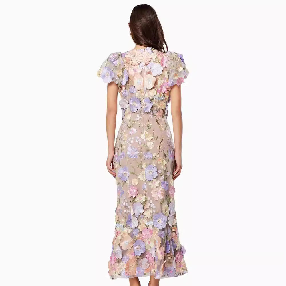 2025 spring new arrival: cross-border luxury round neck embroidered 3d floral puff sleeve midi bodycon dress