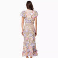 2025 spring new arrival: cross-border luxury round neck embroidered 3d floral puff sleeve midi bodycon dress