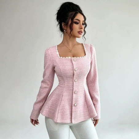 european and american cross-border women's fashion: new elegant pink long-sleeve top