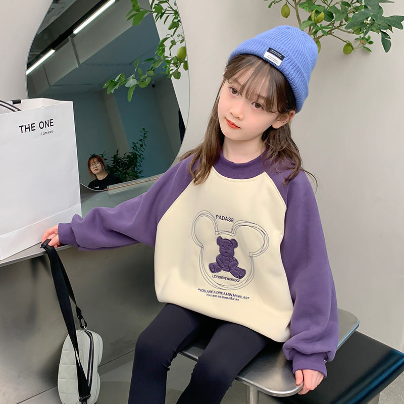 Girls' hoodie -  spring/autumn new korean style, stylish winter outfit, mid-to-large children's one-piece fleece jacket, thickened top