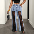Fashionjeans women's high waist washed front slit patchworklace lined micro-flared jeans hot girl stylishpants