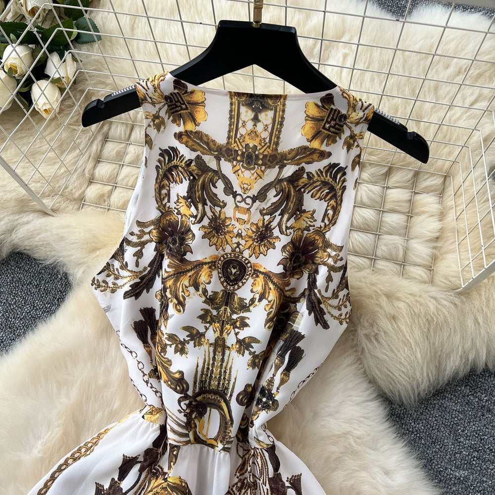 Bohemian vacation style retro deep v-neck tie-up sleeveless cinched waist elegant printed ruffle hem dress