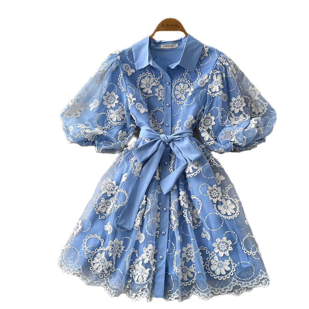 French chic embroidered mesh dress - women's summer dress, high-end bubble sleeve, slimming a-line with cinched waist