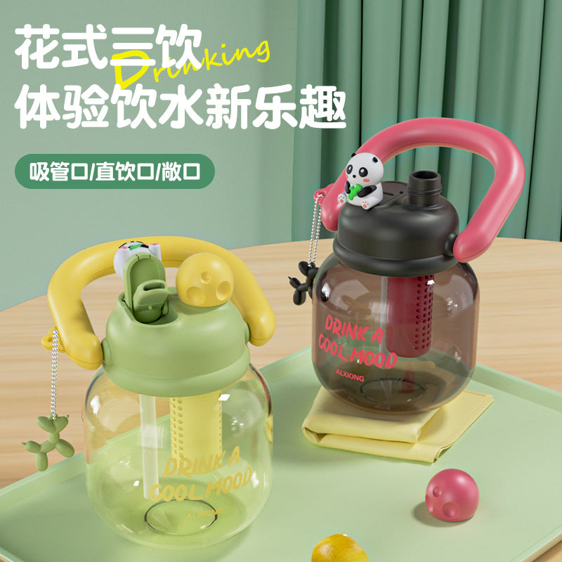 Cartoon kids water cup double drink carrying kettle large capacity high appearance portable big belly straw cup high temperature resistant plastic cup