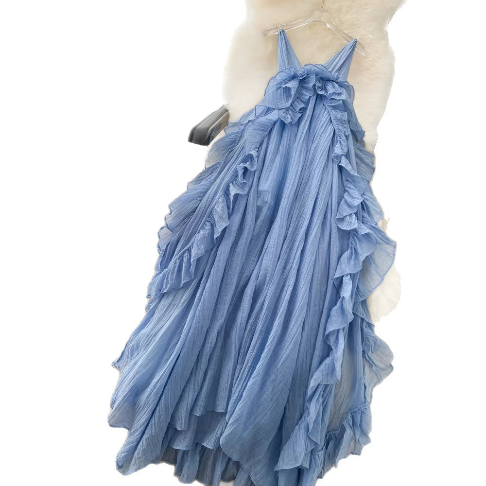 Vacation style blue suspender sweet age-reducing dress female summer romanticruffles trailing long skirt showing white fairy spirit