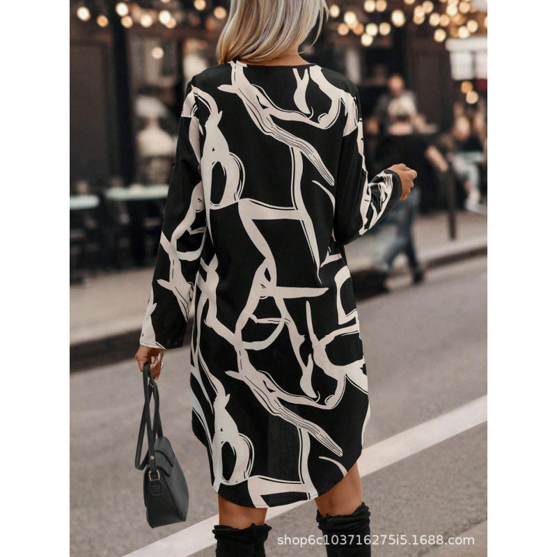Women's  autumn new arrival: fashionable and elegant tie-waist ruffle collar puff sleeve a-line printed dress