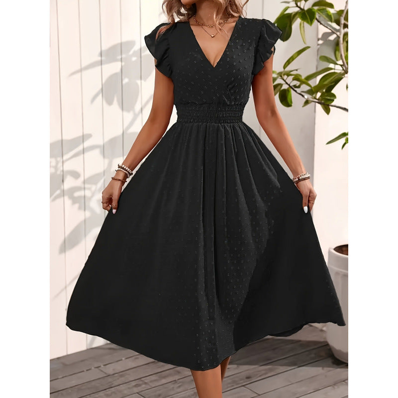 code new arrival  original women's eleganceelegantv neckpure color flying sleeve dress