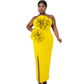 C7039 cross-border   independent station fashion women's solid color sleeveless slit dress new