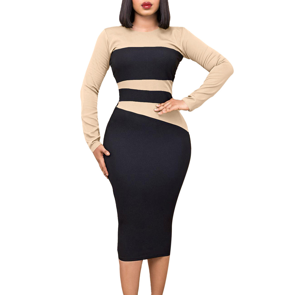 D397 european and american women's clothing  new fashion elegant and chic slim-fit ol color block bodycon plus size african dress