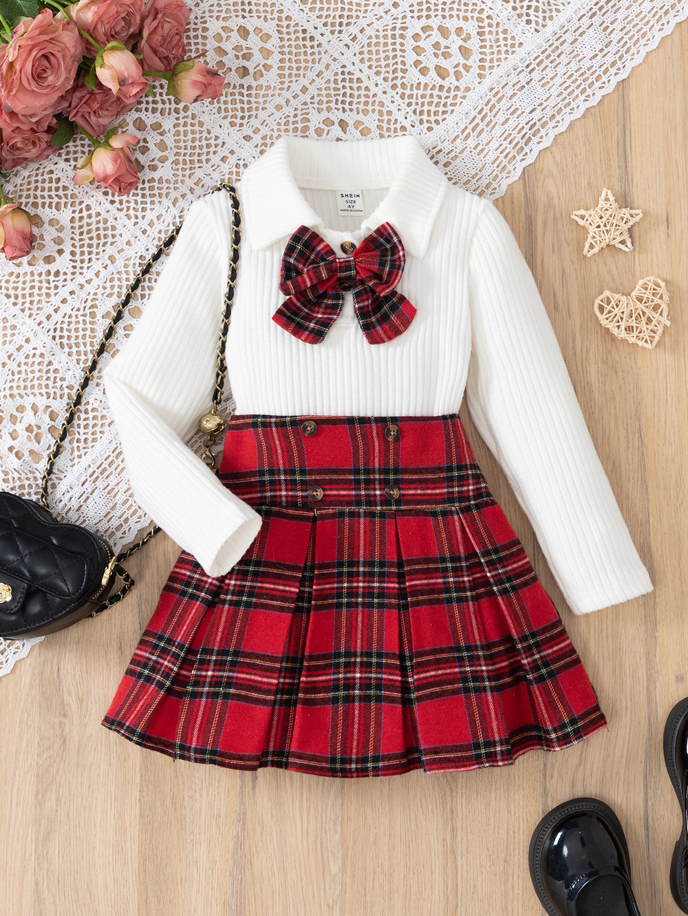 autumn cross-border girls' preppy bow top + plaid a-line skirt two-piece set